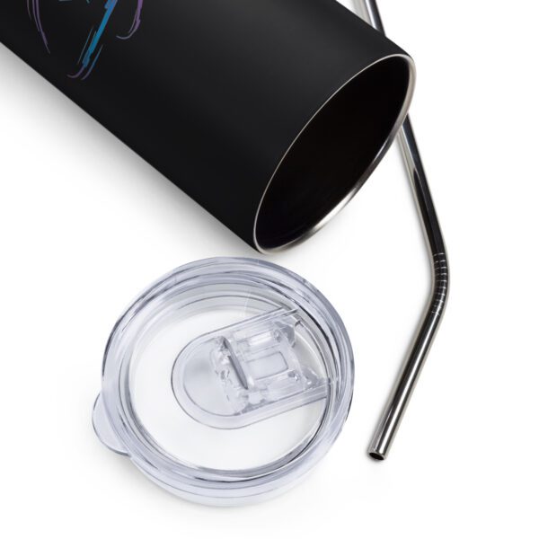 Close up of black tumbler with lid and straw
