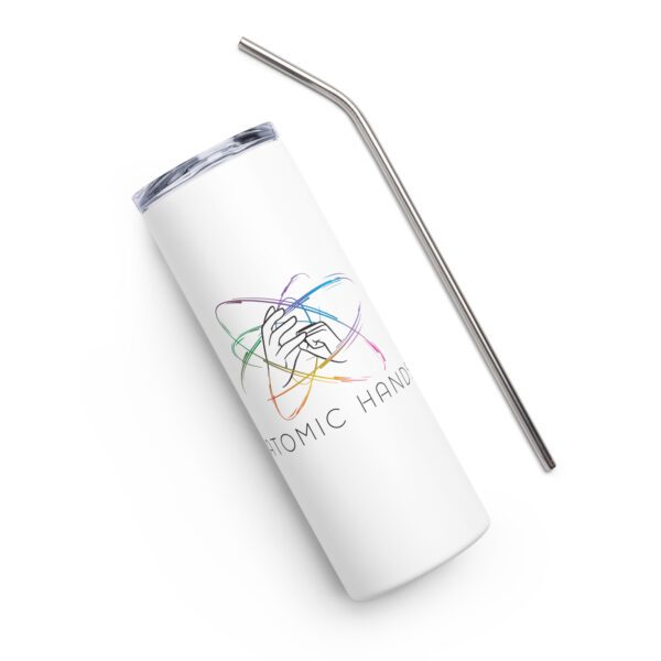 White stainless steel tumbler with logo