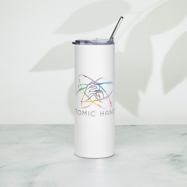 White stainless steel tumbler with logo