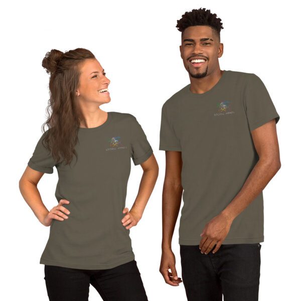 Woman and man wearing army colored t-shirt with logo
