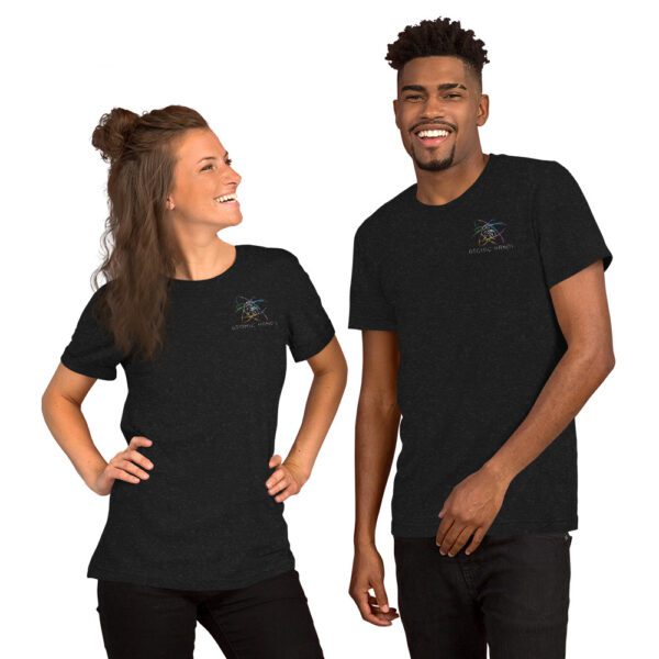 Woman and man wearing black colored t-shirt with logo