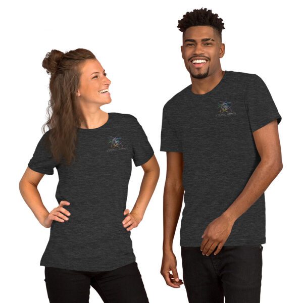 Woman and man wearing grey colored t-shirt with logo