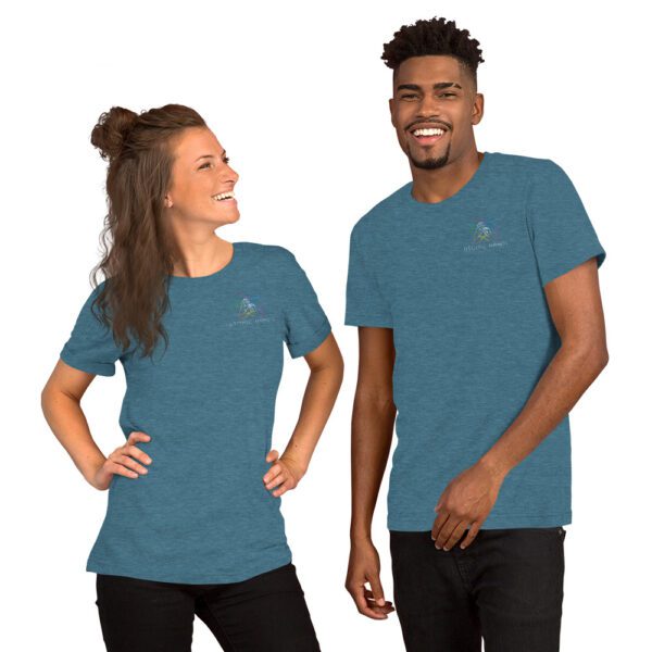 Woman and man wearing teal colored t-shirt with logo