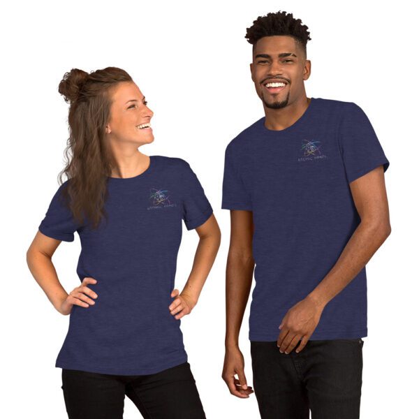 Woman and man wearing navy colored t-shirt with logo