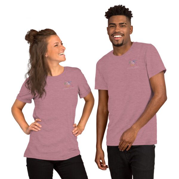 Woman and man wearing orchid colored t-shirt with logo