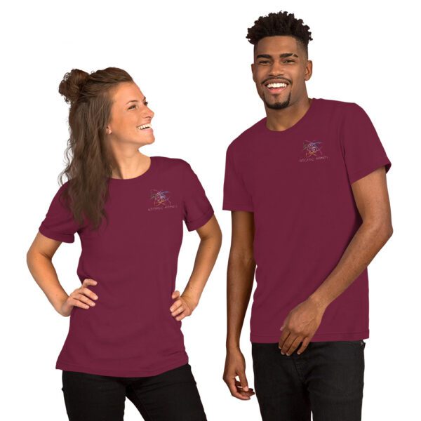 Woman and man wearing maroon colored t-shirt with logo