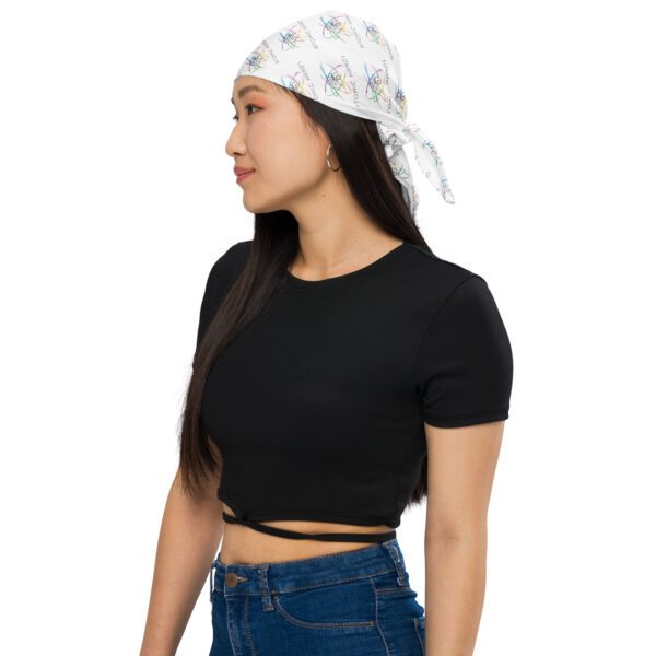 Female model wearing black shirt has logo bandana wrapped around her head