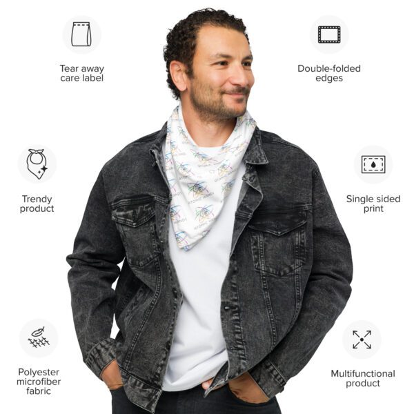 Male model wearing dark jean jacket is wearing logo bandana around the neck
