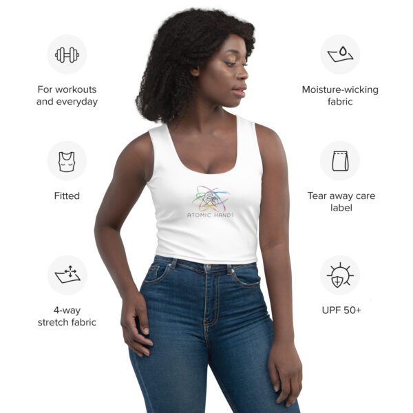 Female model wearing white crop top with Atomic Hands logo in the middle