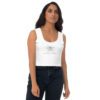 Female model wearing white crop top with Atomic Hands logo in the middle