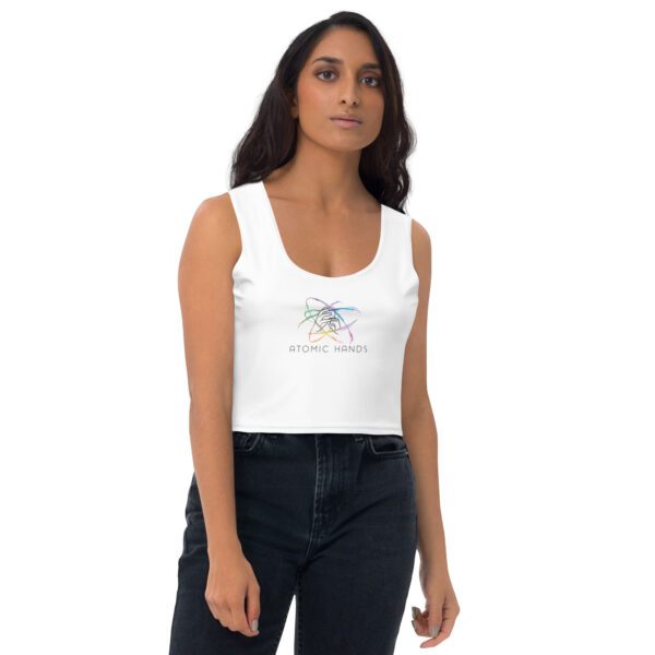 Female model wearing white crop top with Atomic Hands logo in the middle