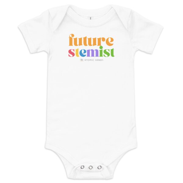 White baby onesie with "future stemist" and logo