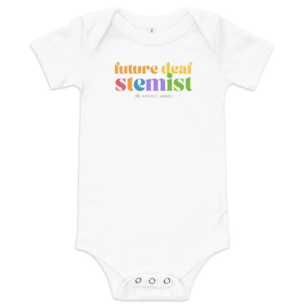 White baby onesie with "future deaf stemist" and logo