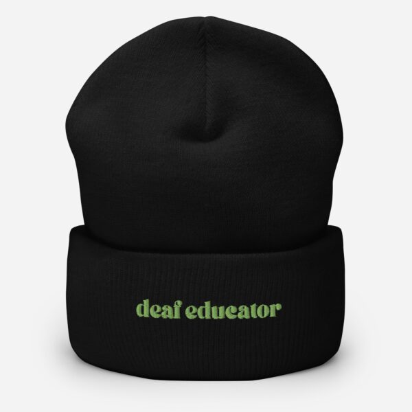 Black beanie with green "deaf educator" embroidery