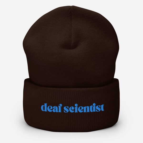 Brown beanie with blue "deaf scientist" embroidery