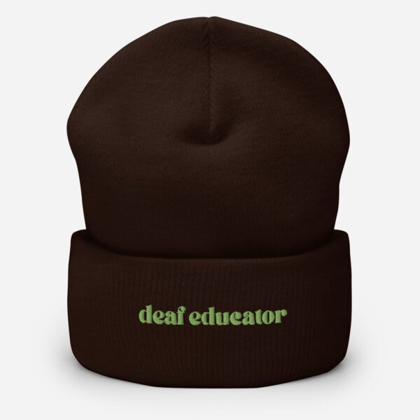 Brown beanie with green "deaf educator" embroidery