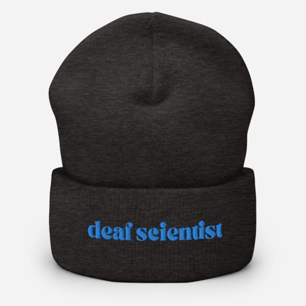 Dark grey beanie with blue "deaf scientist" embroidery
