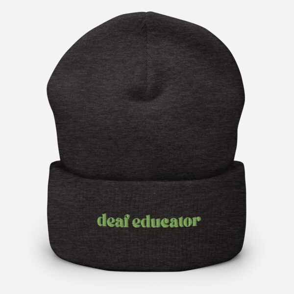 Dark grey beanie with green "deaf educator" embroidery
