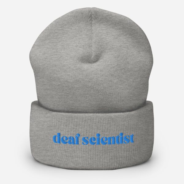 Grey beanie with blue "deaf scientist" embroidery