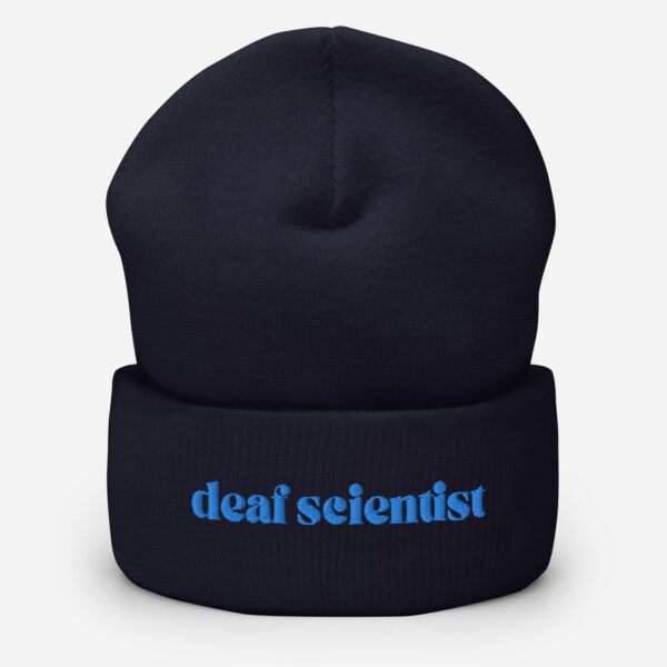 Navy beanie with blue "deaf scientist" embroidery