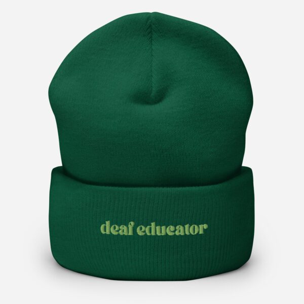 Spruce beanie with green "deaf educator" embroidery