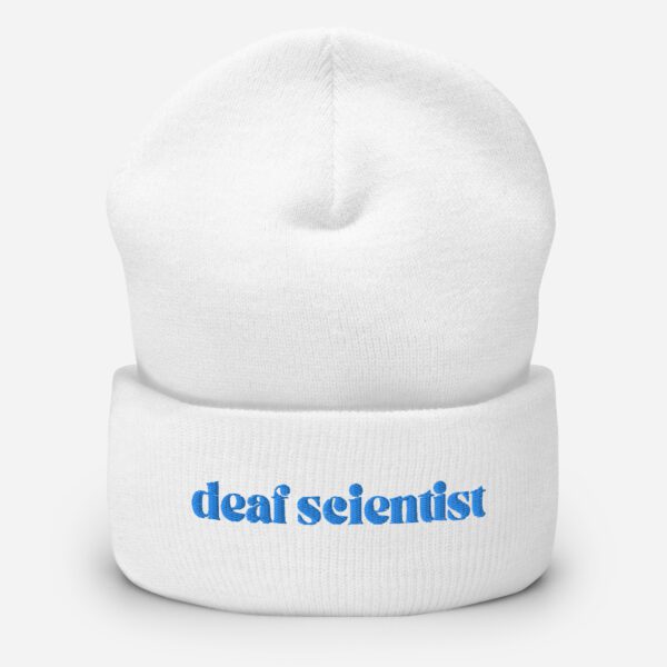 White beanie with blue "deaf scientist" embroidery