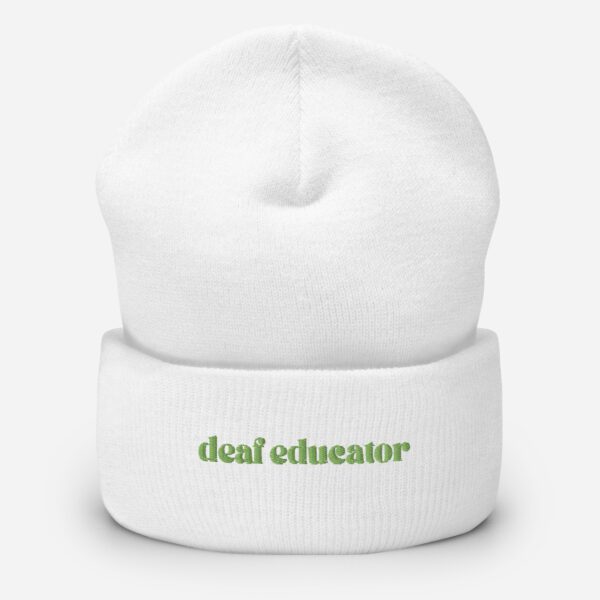 White beanie with green "deaf educator" embroidery