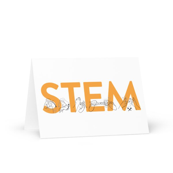 White card with orange "STEM" with black illusrations.