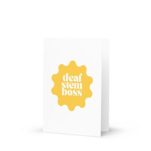 White card with yellow cell-like circle and white text: deaf stem boss