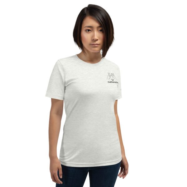 Female model wearing ash shirt with "mathematics" and an illustration of how to sign mathematics is on the upper left chest