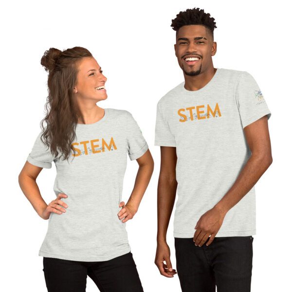 Female and male models are wearing ash shirt with orange "STEM" with ASL signs for each letter of STEM
