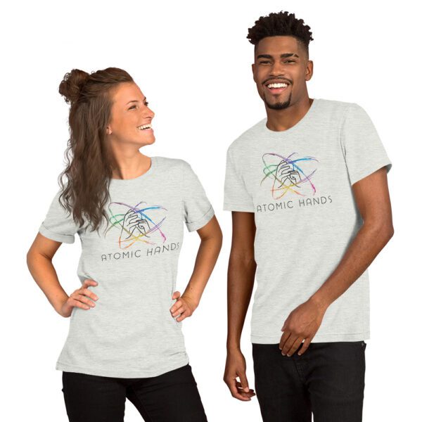Female and male model wearing ash shirt with atomic hands logo fully across the chest