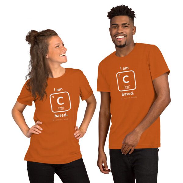 Female and male models wearing a autumn "I am Carbon (as an element) Based" shirt. Atomic Hands logo on the bottom.