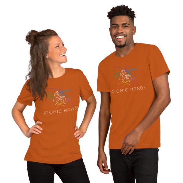 Female and male model wearing autumn shirt with atomic hands logo fully across the chest