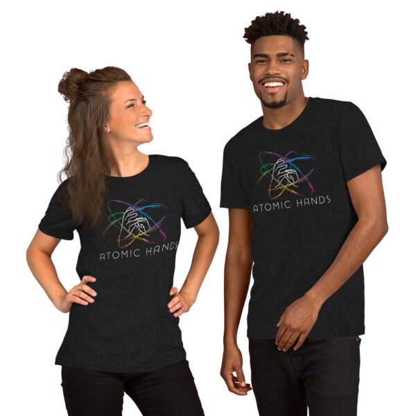 Female and male model wearing black shirt with atomic hands logo fully across the chest
