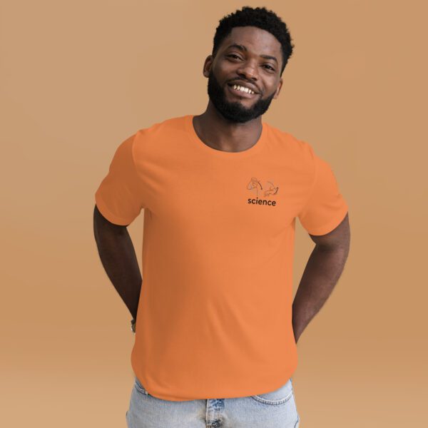 Male model wearing burnt orange shirt with "science" and an illustration of how to sign science is on the upper left chest