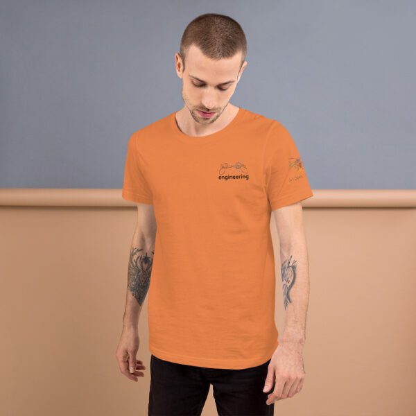 Male model wearing burnt orange shirt with "engineering" and an illustration of how to sign engineering is on the upper left chest