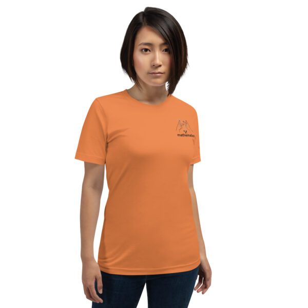 Female model wearing burnt orange shirt with "mathematics" and an illustration of how to sign mathematics is on the upper left chest
