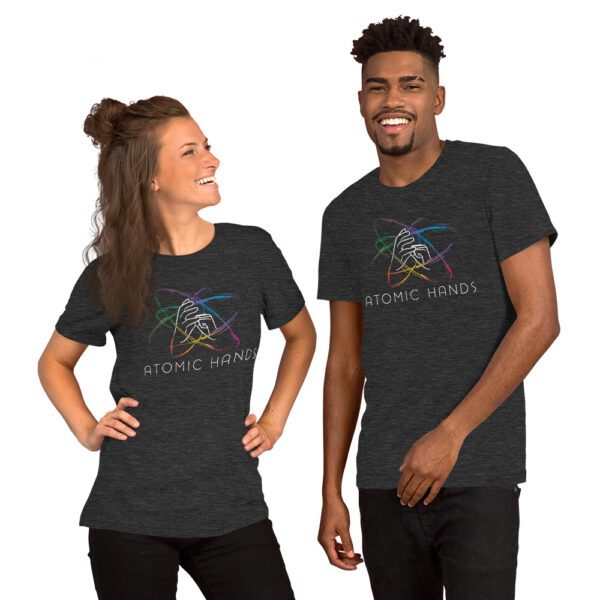 Female and male model wearing grey shirt with atomic hands logo fully across the chest