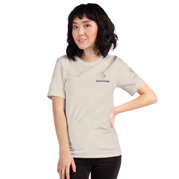 Female model wearing dust shirt with "technology" and an illustration of how to sign technology is on the upper left chest