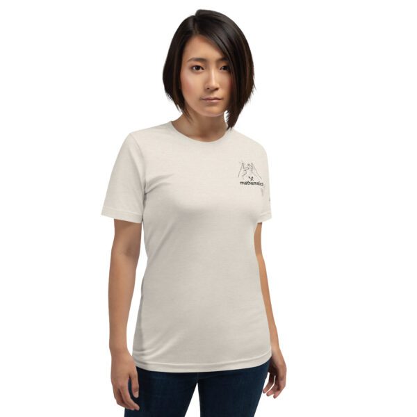 Female model wearing dust shirt with "mathematics" and an illustration of how to sign mathematics is on the upper left chest