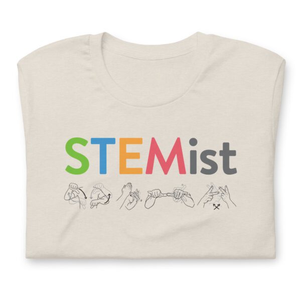 Close up of shirt with "STEMist" and ASL signs for each letter of STEM