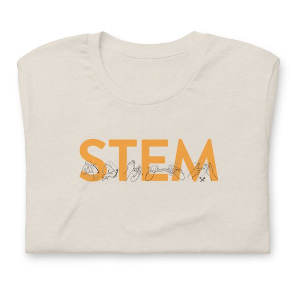 Close up of a dust shirt with orange "STEM" with ASL signs for each letter of STEM