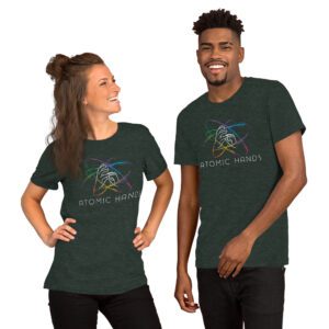 Female and male model wearing forest shirt with atomic hands logo fully across the chest