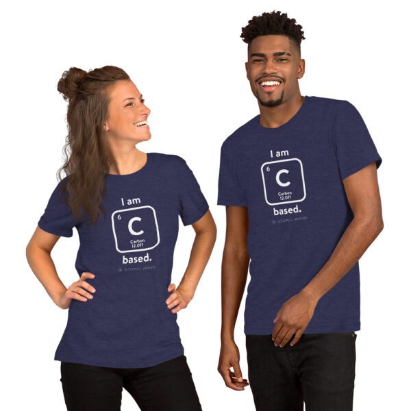 Female and male models wearing a navy "I am Carbon (as an element) Based" shirt. Atomic Hands logo on the bottom.