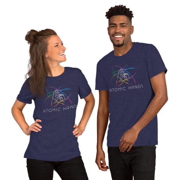 Female and male model wearing navy shirt with atomic hands logo fully across the chest