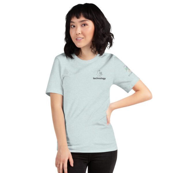 Female model wearing ice blue shirt with "technology" and an illustration of how to sign technology is on the upper left chest