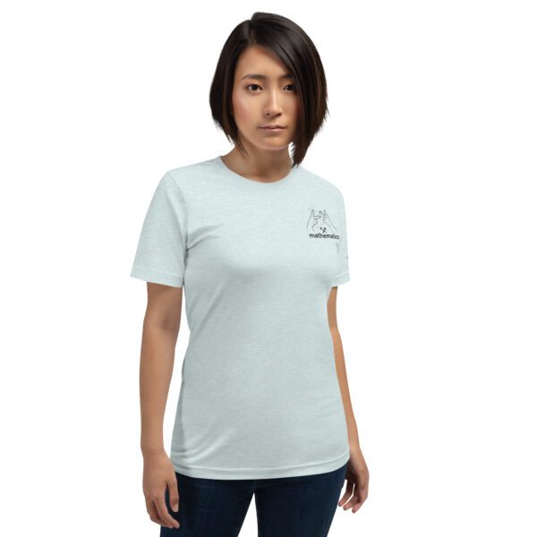 Female model wearing ice blue shirt with "mathematics" and an illustration of how to sign mathematics is on the upper left chest