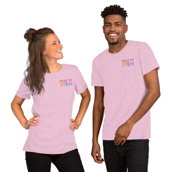 Woman and man wearing lilac "Deaf in STEM" shirt on the upper left chest.