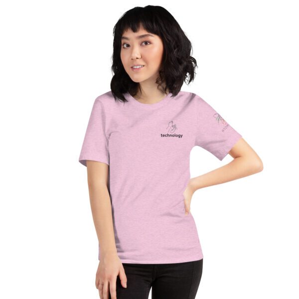 Female model wearing lilac shirt with "technology" and an illustration of how to sign technology is on the upper left chest
